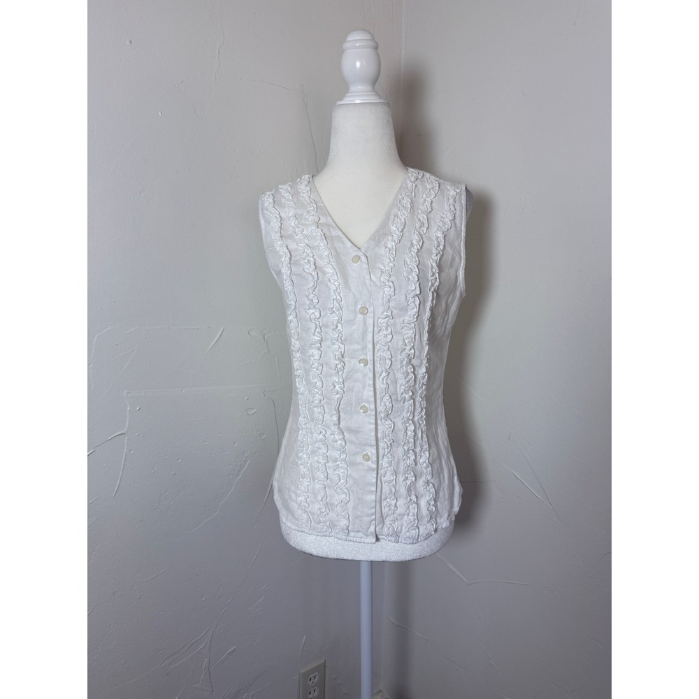 INC International Concepts White Linen Ruffle Tuxedo Blouse Size 4 Sleeveless